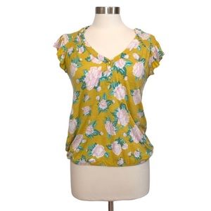 Anthropologie Deletta Golden Yellow Smocked Floral Top with Gold Threads